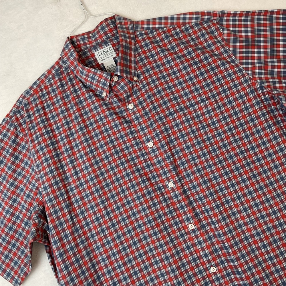 LL Bean Mens XXL Tall Red Blue Plaid Short Sleeve Button Down Shirt
